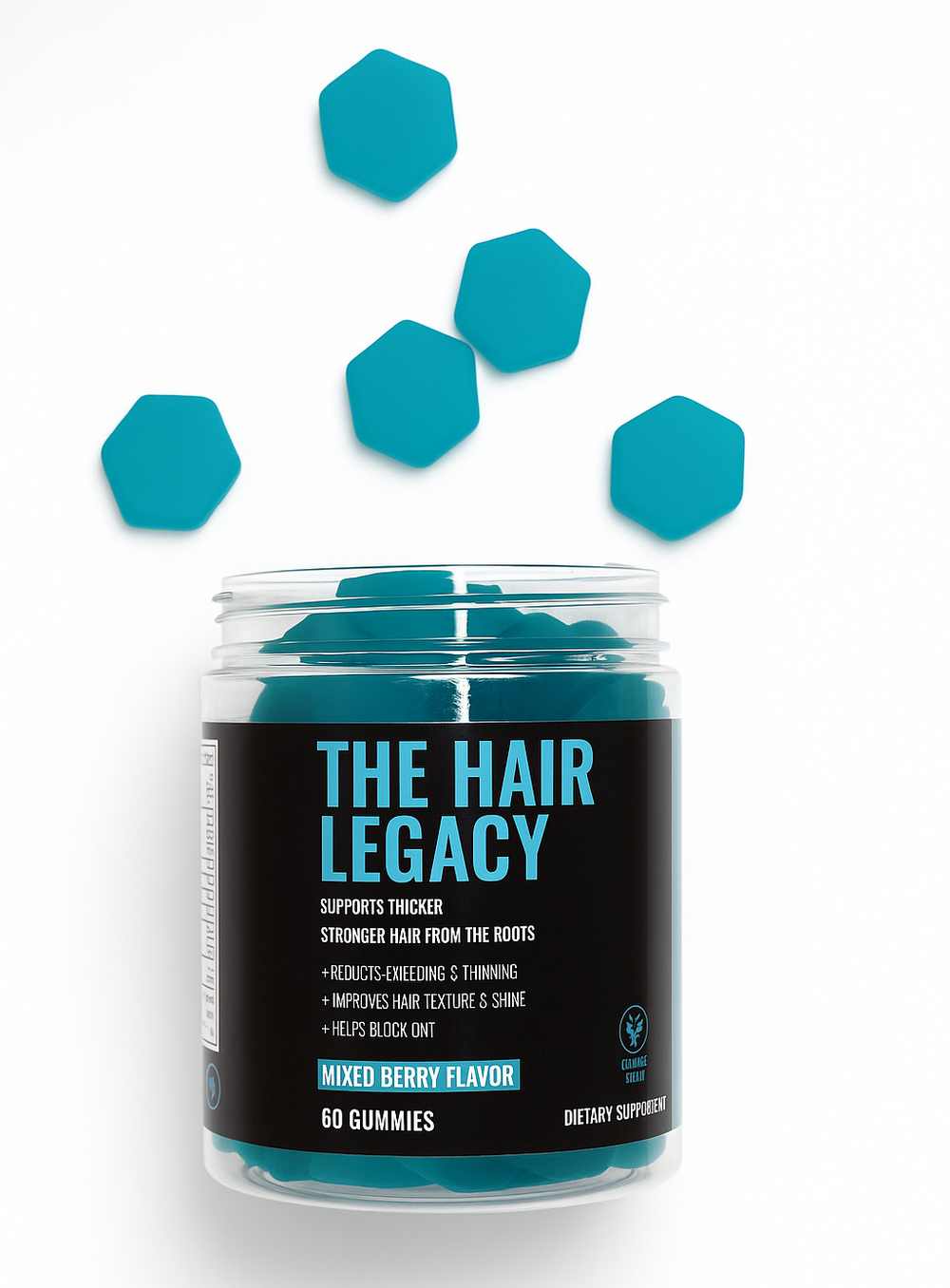 Jar of 'The Hair Legacy' gummies with blue hexagonal shapes on a white background